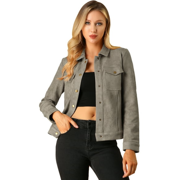 INSPIRE CHIC Women's Jackets Long Sleeve Faux Suede Trucker Motorcycle Jacket Khaki M