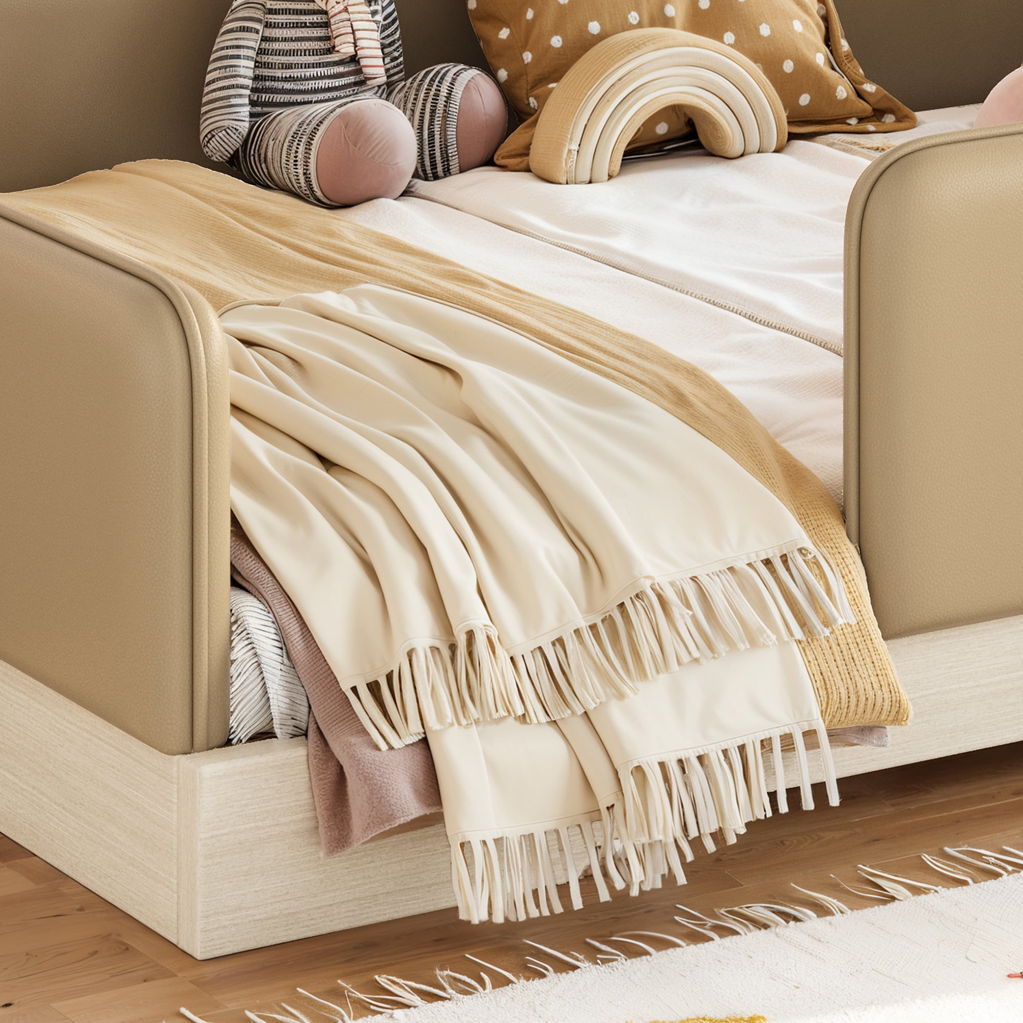 Full Upholstered Floor Bed 77.56 Inch, Faux Leather Montessori Bed with Removable Guardrails, Low Profile Platform Bed for Kids, Brown