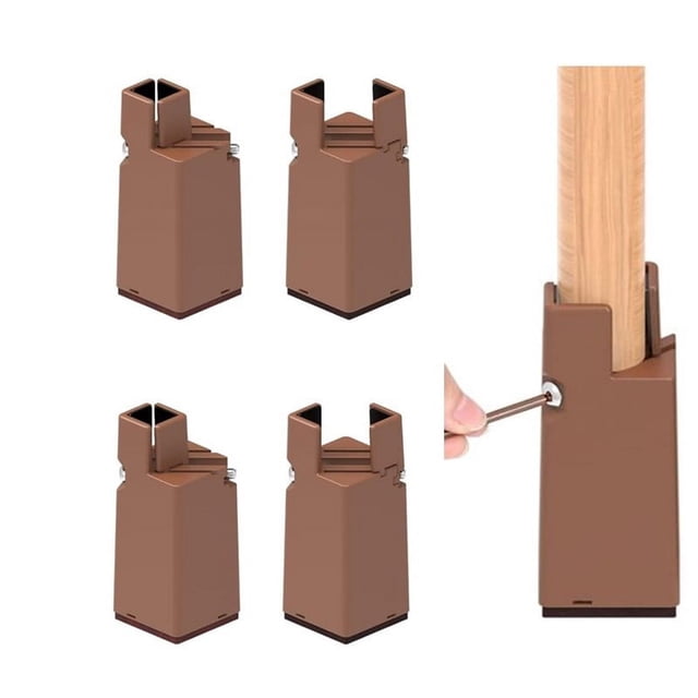 Pcs Furniture Risers, adjustable bed risers with screw clamp, crafted from durable brown plastic with felt bottom to protect floors. Fits square or round chair legs with diameters of 2cm to 4cm. Raises furniture height by 10cm for ergonomic convenience and under-furniture storage. Suitable for tables, chairs, sofas, and beds, with a close-up of the screw clamp mechanism for secure fixation.