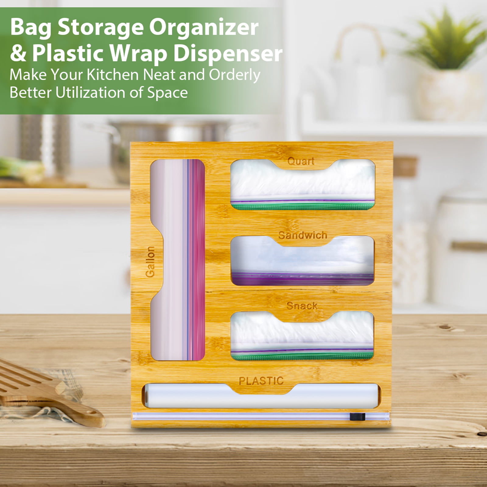 SOGUAOLO Bamboo Ziplock Bag Storage Organizer and Dispenser for Kitchen  Drawer–Food Storage Bag Holders Compatible With Gallon, Quart, Sandwich 