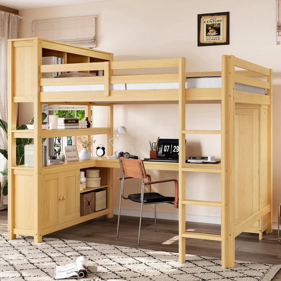 QZYeYun Wood Loft Bed with Cabinet, Bookshelf, Wardrobe and Desk, Queen Size,Natural