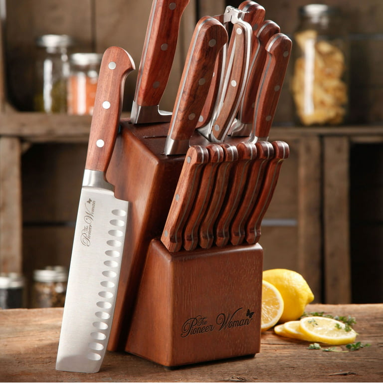 The Pioneer Woman Frontier Collection 14-Piece Cutlery Set with Wood Block,  Rosewood 