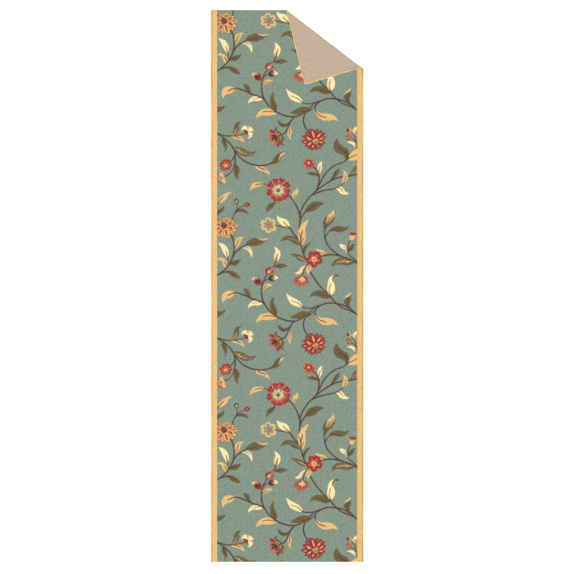 Ottomanson Extra Long Runner Rug 2'7" x 19' – Non-Slip Low Pile Hallway Carpet, Floral Seafoam Green
