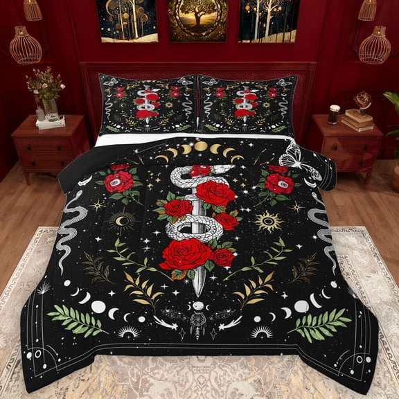 Manfei Gothic Snake Bedding Comforter Set,Romantic Red Rose Twin Comforter Sets,Boho bohemian Style Bedding Set For Girls Kids,Ultra Soft Home Decor Reversible,2pcs