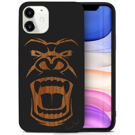 Case Yard Wooden Case for iPhone-12-Mini Soft TPU Silicone cover Slim Fit Shockproof Wood Protective Phone Cover for Girls Boys Men and Women Supports Wireless Charging Gorilla Face Design