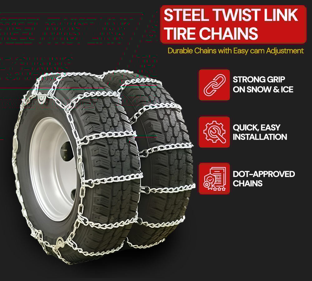 thumbnail image 5 of Truck Tire Chain Kit – (Set of 2) CAM Square Link Dual Snow Tire Chain for 24.5" Tires, 14" Tire Chain Wrench (1Pc), 24" Aluminum Tire Chain Hanger with Locking Tread Lid (1Pc), 5 of 9