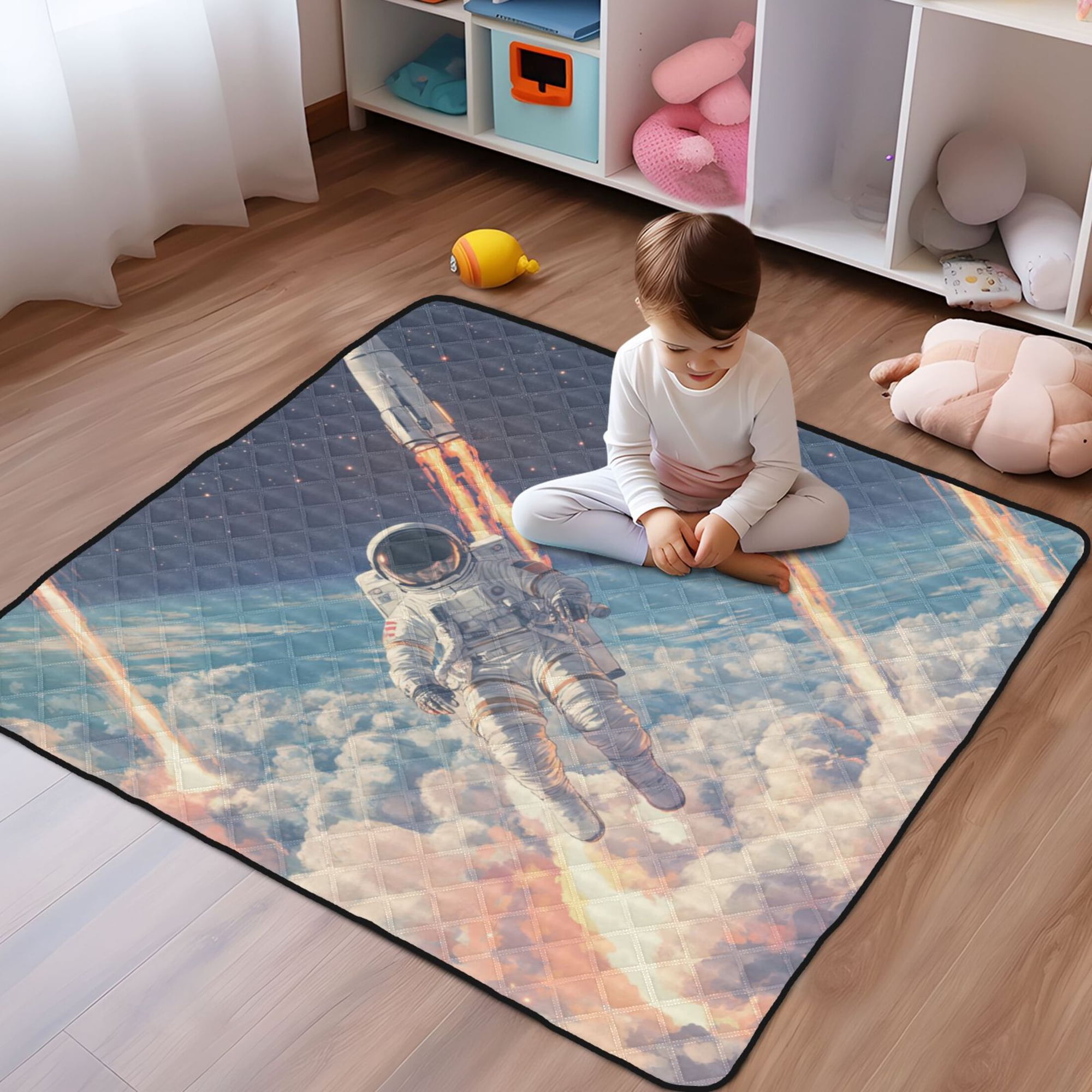 WOBOGO Astronauts Fly Into Space Baby Playmats Extra Large Waterproof Rollable Activity Pads for Toddlers 50×50inch