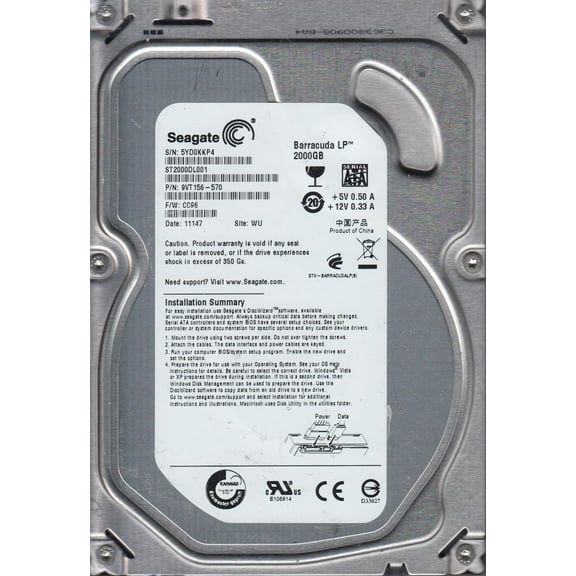 ST2000DL001, 5YD, WU, PN 9VT156-570, FW CC96, Seagate 2TB SATA 3.5 Hard Drive