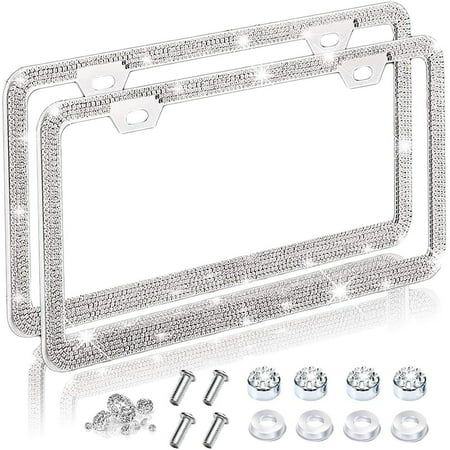 2 Pack Bling Car License Plate Frames for Women, Sparkly Diamond License Plate Cover, Glitter Rhinestone Car License Plate Holder , Stainless Steel Frame with Screw Caps, Silver