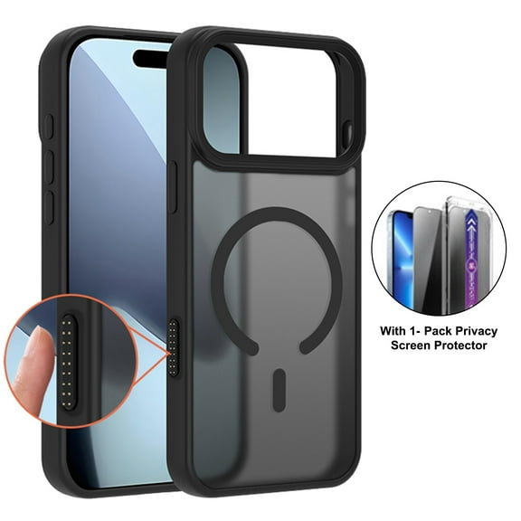 ELEHOLD Case for iPhone 17 Pro Max, Magnetic Shockproof Phone Case with Privacy Screen Protector – Auto Alignment,Black