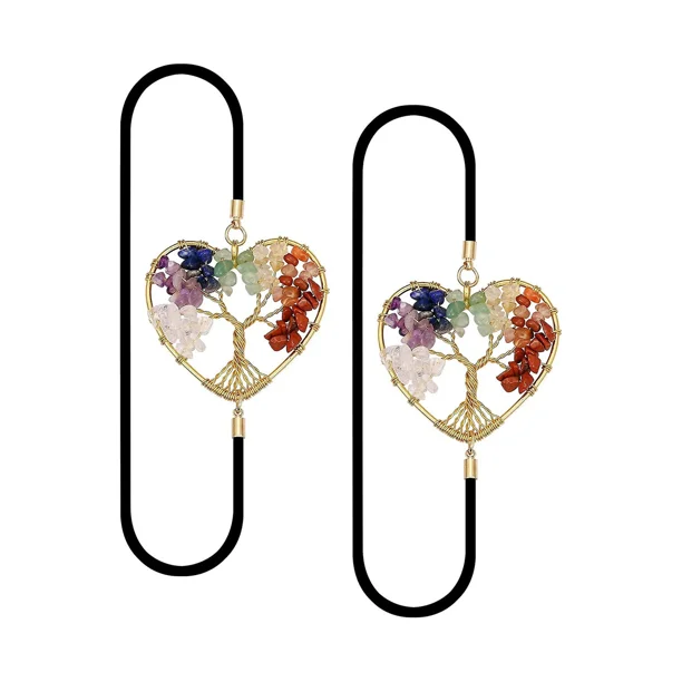 Ficarrico Marcador Antiguo, 7 Cristales curativos de Chakra Árbol de la Vida Piedras Preciosas caídas y Cuentas Redondas Banda elástica Marcapáginas de Regalo del día de San Valentín (Oro) (2 Piezas