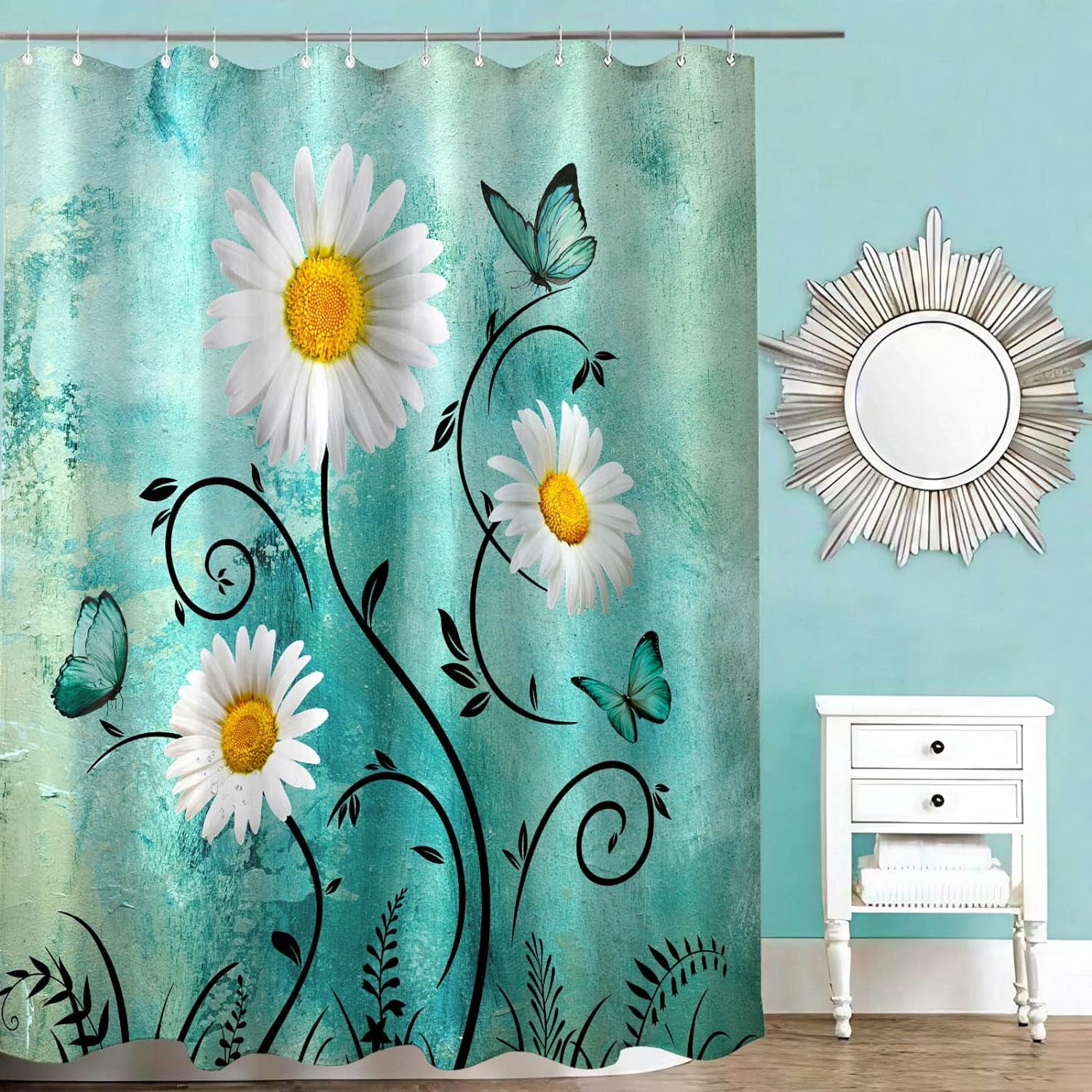 Rustic Farmhouse Shower Curtain White Daisy Floral Turquoise Waterproof Fabric Shower Curtains for Bathroom Flower Teal Butterfly Bath Curtain Decor with Hooks (Dark Teal, 72'''' x 72'''')