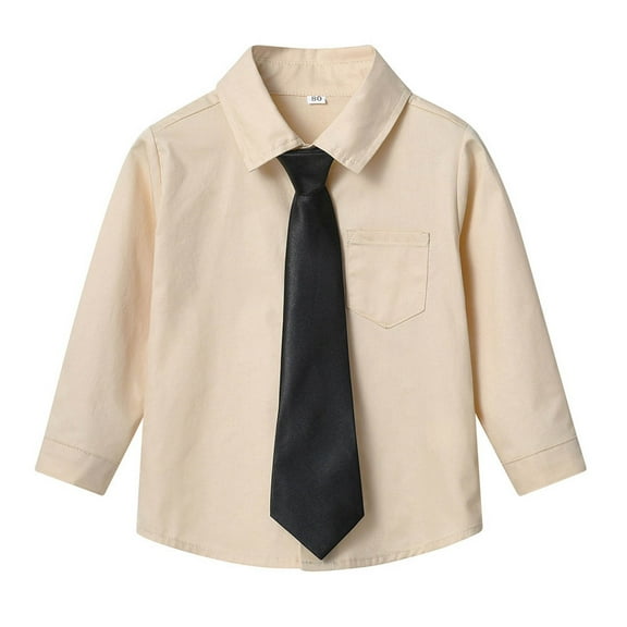 AHTJRT Kids Dress Shirt Boys Girls Long Sleeve Lapel Button Down Pocket Tee Tops with Matching Tie Party Prom Wedding Beige 7-8 Years
