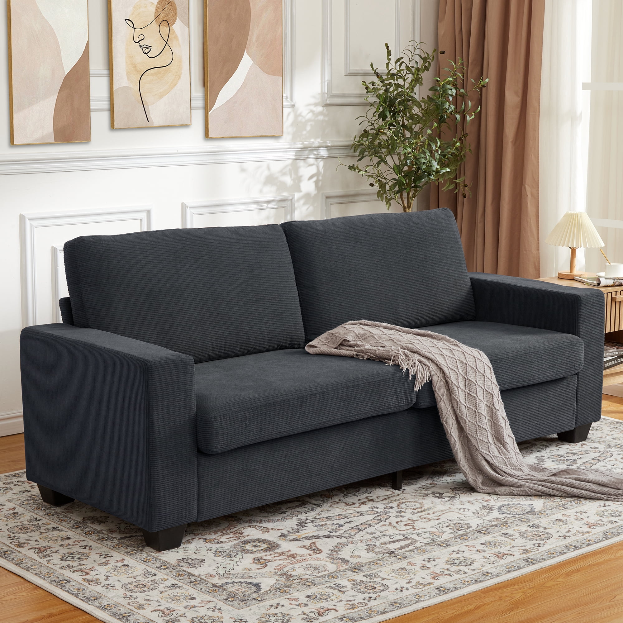 Kicctian 83" Wide 3-Seater Corduroy Couch with Deep Seat, Modern Sofa with Washable Covers and Wide Armrests, Comfortable Loveseat for Living Room, Bedroom, Office or Small Spaces,Grey