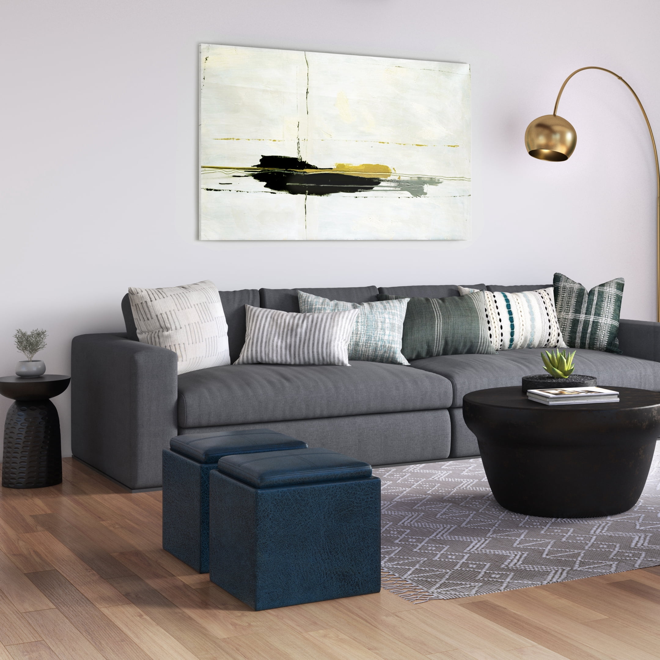 Rockwood 17 inch Wide Cube Storage Ottoman with Tray in Distressed Dark Blue Vegan Leather