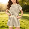 thumbnail image 2 of EnJoCho Girls 2 Piece Loung𝖾 Set Kids Striped Knit Short Sleeve T-Shirts Elastic Waist Shorts Casual Summer Clothing Sets Girls Vacation Outfits Short Sleeve Set, 2 of 4