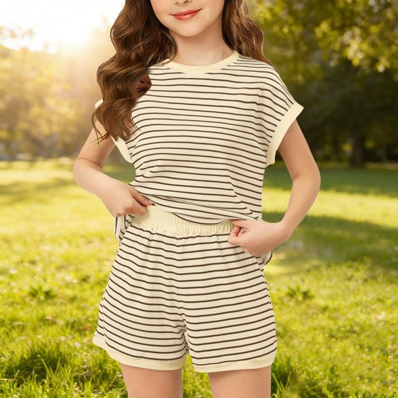 Girls 2 Piece Lounge Set Kids Striped Knit Short Sleeve T-Shirts Elastic Waist Shorts Casual Summer Clothing Sets ﻿