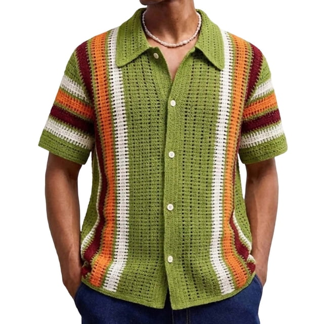 Hombro Frío Tops Imitación Gancho Mano de Punto Color Sólido Verano Manga Corta Suéteres de Cárdigan de los Hombres
