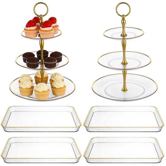 6 PCS Cupcake Stand Set, 3 Tiers Dessert Display Tower with Golden Rim, Rectangle Serving Trays, Clear Plastic Cake Stands Pastry Platters for Wedding Birthday Party Afternoon Tea