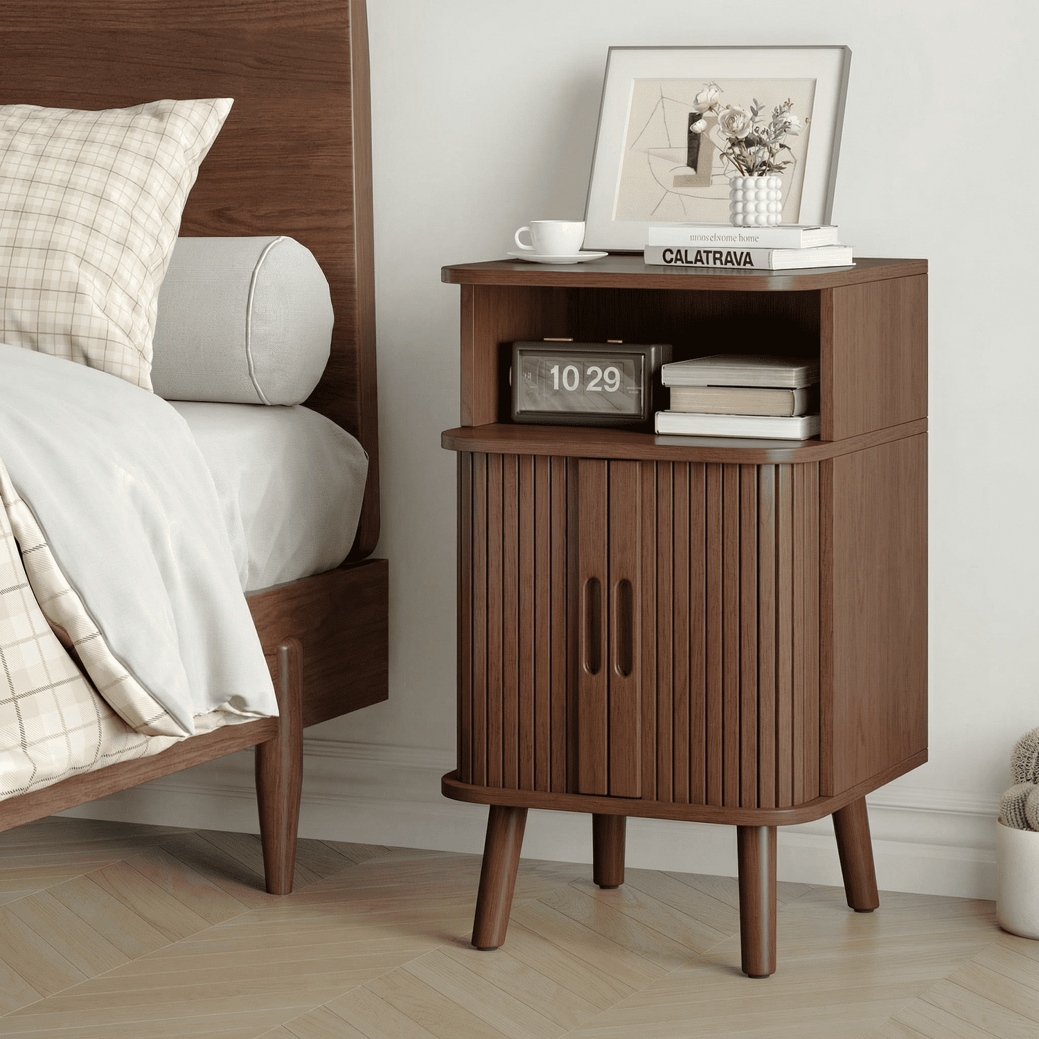 Fluted End Table with Storage,  Mid-Century Modern Wood Nightstand  with for Adult's Bedroom, Walnut