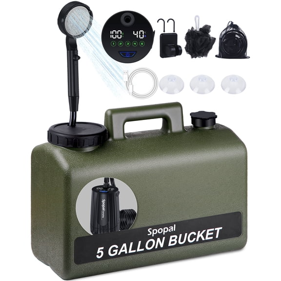 Spopal Portable Camping Shower, 10000mAh Rechargeable, 5 Gallons Food-Grade Bucket, 5-Speed, LED Display, Filter Shower Head, IPX8 Waterproof