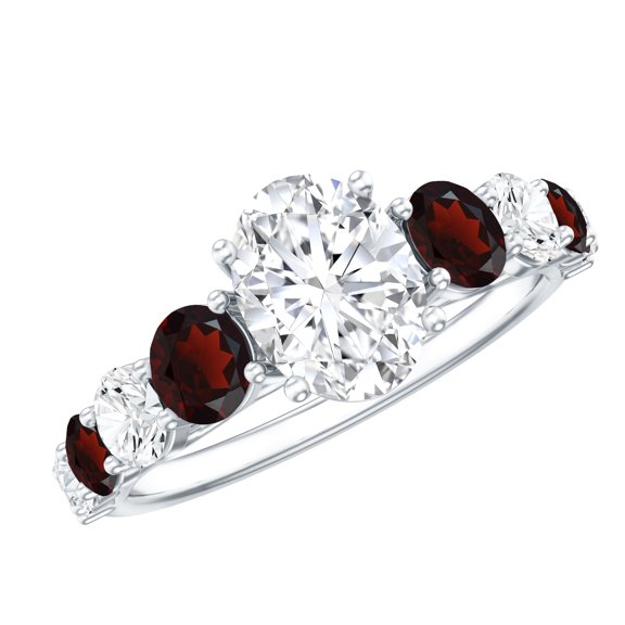 Rosec Jewels Oval Moissanite Engagement Ring with Garnet for Women - 6X8 mm - D-VS1 Grade, 925 Sterling Silver, US 4.00