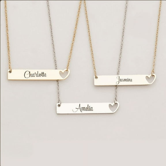 Gifts For Best Friend - Name Necklace Engraved - Bar Necklace with Heart - Stainless Steel Name Necklace - Gift for BFF