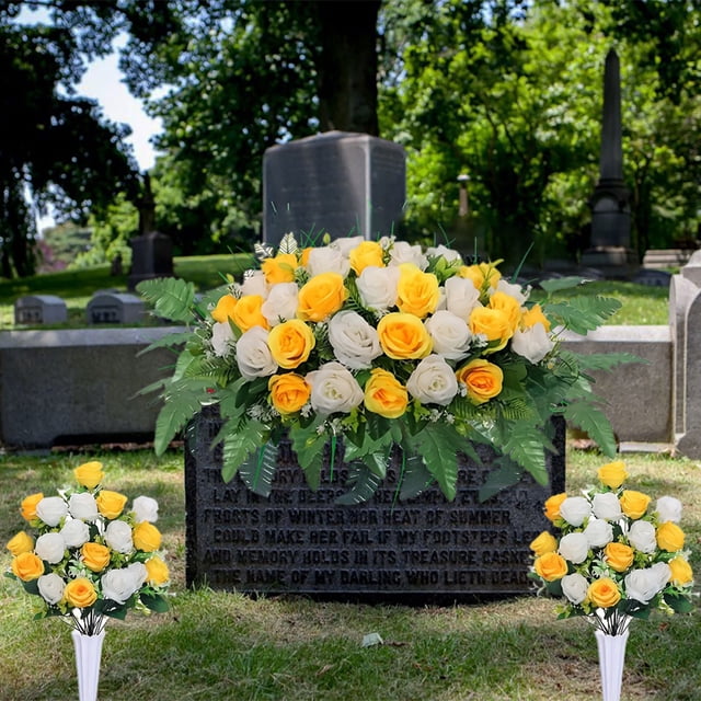 BKER 1PC Cemetery Flowers For Cemetery Faux Rose Realistic Silk Cemetery Flowers Bouquet With Saddle In Decorative Lasting Cemetery