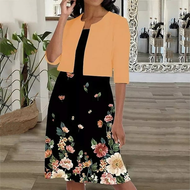 LYXSSBYX Womens Dresses with Jackets 2 Piece Sets Two-Piece Women's Summer  Printed Round Neck Elegant A Line Sling Dress and Half Sleeve Cardigan Tops  Set Suit - Walmart Business Supplies