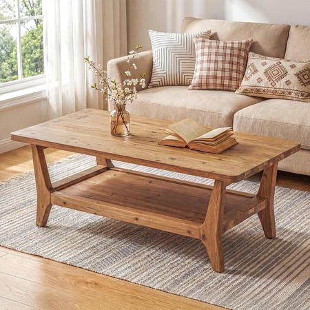 Solid Wood Coffee Table Two Tier Center Cocktail Accent Furniture For Living Room Apartment Office Open Storage Shelf With Smooth Round Corners Modern Minimalist Style Natural Wood 1 Piece