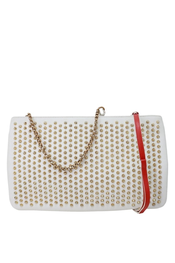 Pre-Owned Christian Louboutin LoubiPosh Spiked Leather Clutch Crossbody Bag White
