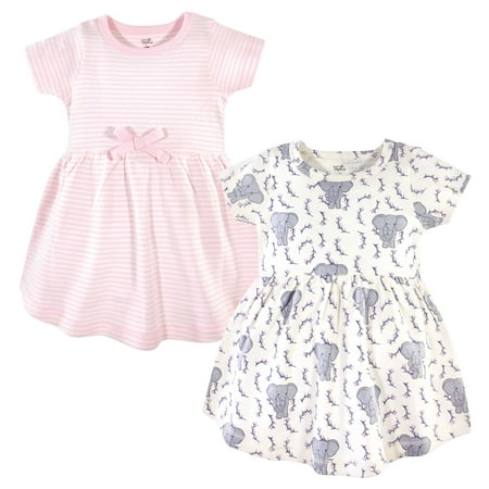 Touched by Nature Baby and Toddler Girl Organic Cotton Short-Sleeve Dresses 2pk, Pink Elephant, 18-24 Months