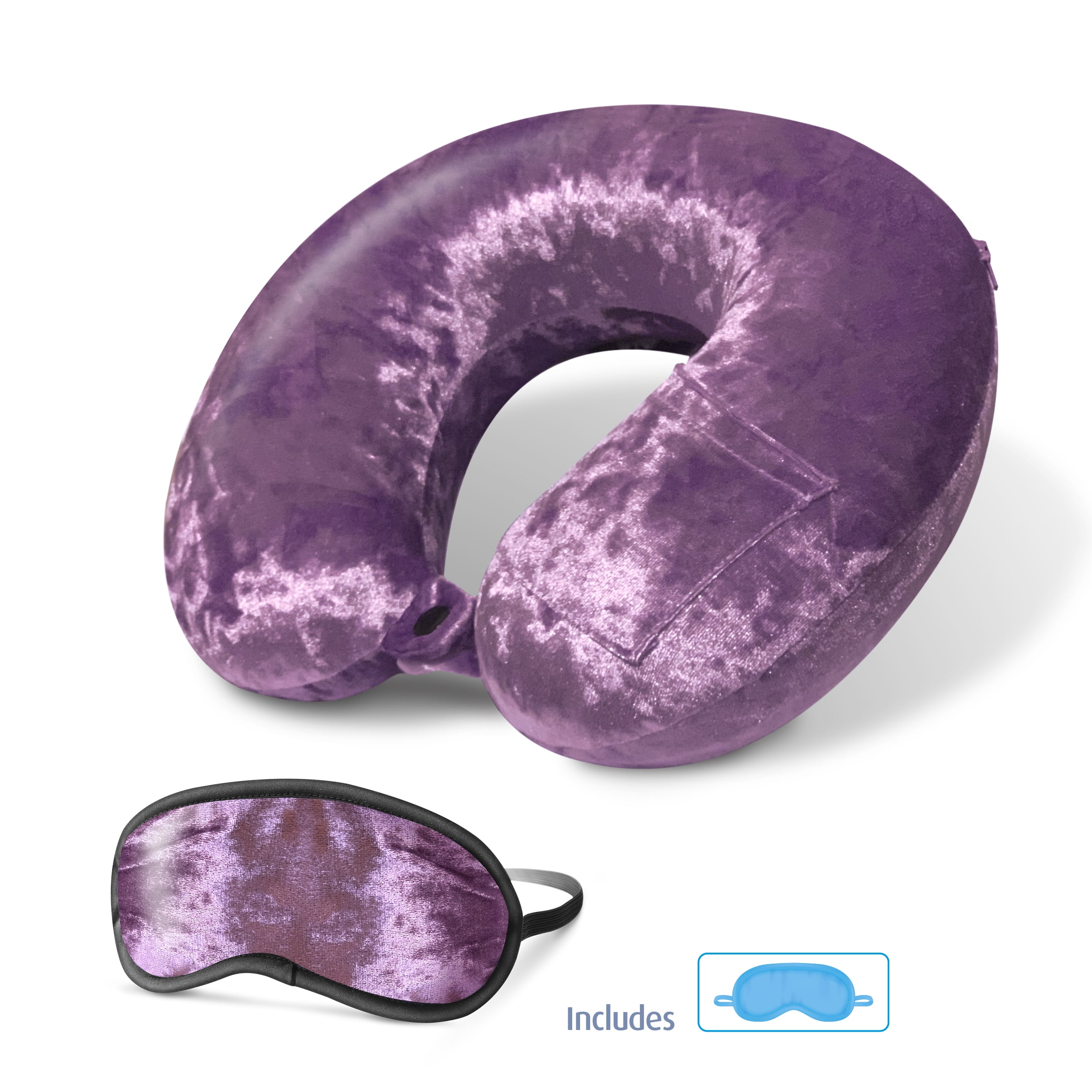 Cloudz Crushed Velvet Memory Foam Travel Neck Pillow with Sleep Mask