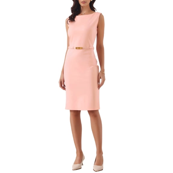 INSPIRE CHIC Women's Boat Neck Sheath Dress with Belt Work Office Sleeveless Pencil Dresses S Pink