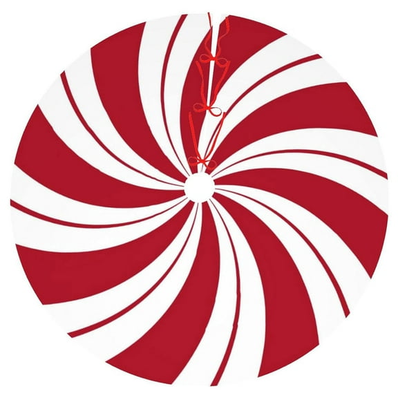 Red Swirl Christmas Tree Skirt - Polyester 90/120cm, Candy Cane Ornaments, 3 Straps Easy Installation, Home Party Decoration
