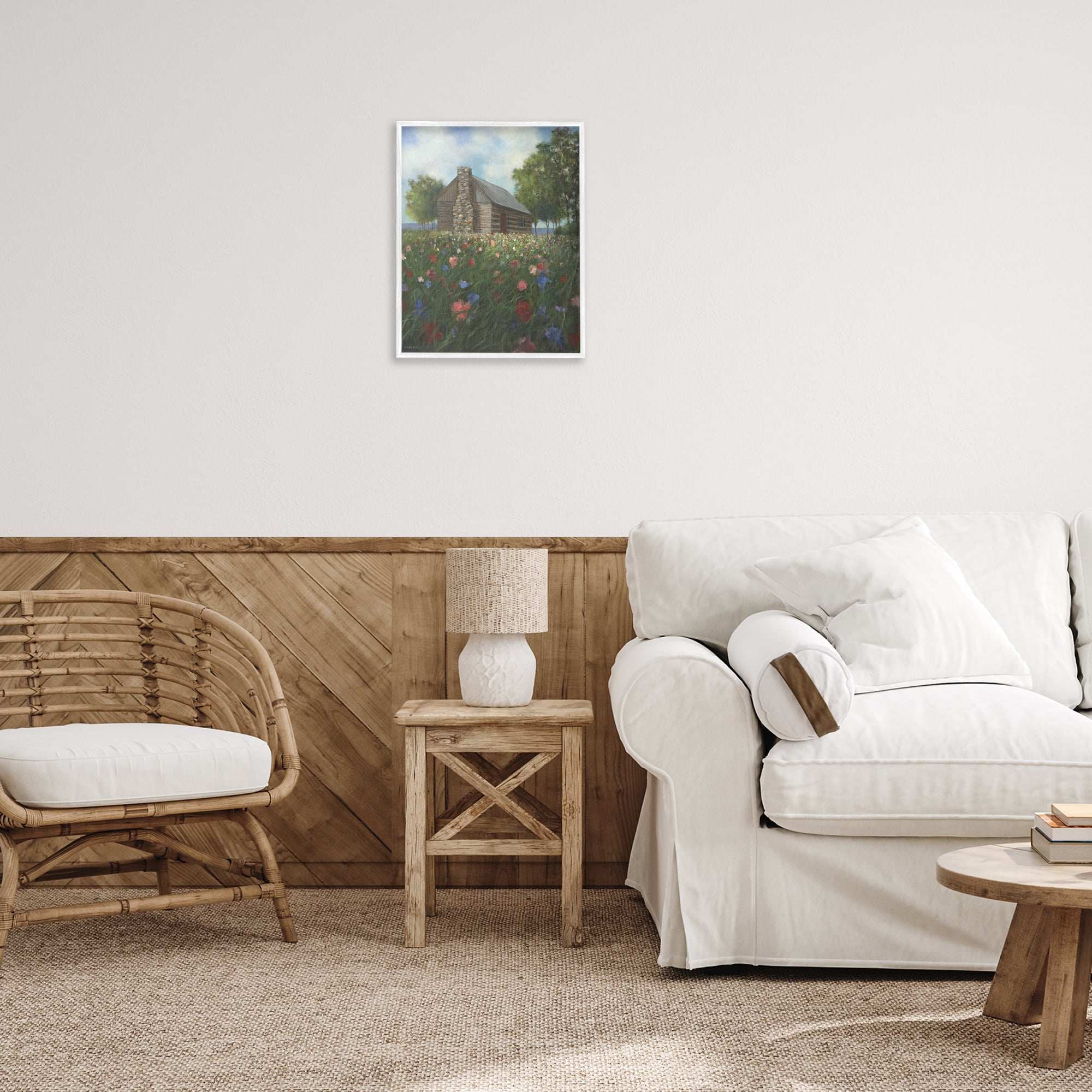Stupell Industries Log Cabin Meadow Landscape Painting White Framed Art Print Wall Art, 16 x 20