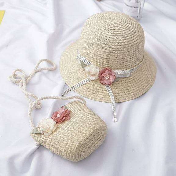 Lroveb Sun Hats for Girls Foldable Floppy 2-7 Years Straw Hat Tourism Flower Children Bag Set Hat