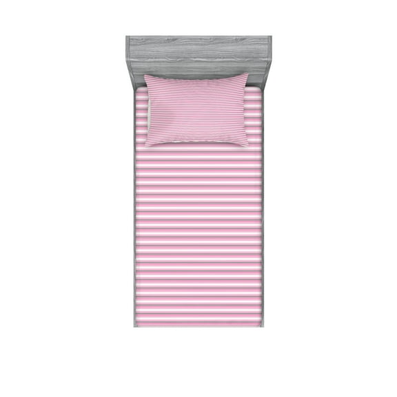 Ambesonne Geometric Fitted Sheet & Pillow Sham Set, Pink Tones Stripes, Twinxl, Pink Grey White