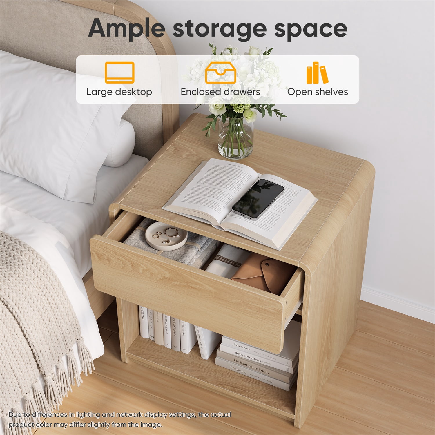 Hommoo Mid-Century Modern Bedside Table Set of 2, Wooden Nightstand with Hidden Drawer & Open Shelf, Rounded Corner Design for Bedroom or Living Room, Natural
