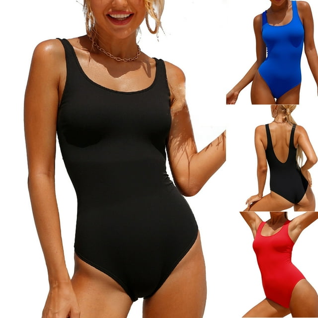 Sentmoon Womens Bathing Suits One Piece Plus Size Sleeveless Womens Bikini Swimsuits Women's Solid Color Fashion U-neck Spaghetti Straps Fold Backless Bikinis Comfy for Swimming & Beaches L
