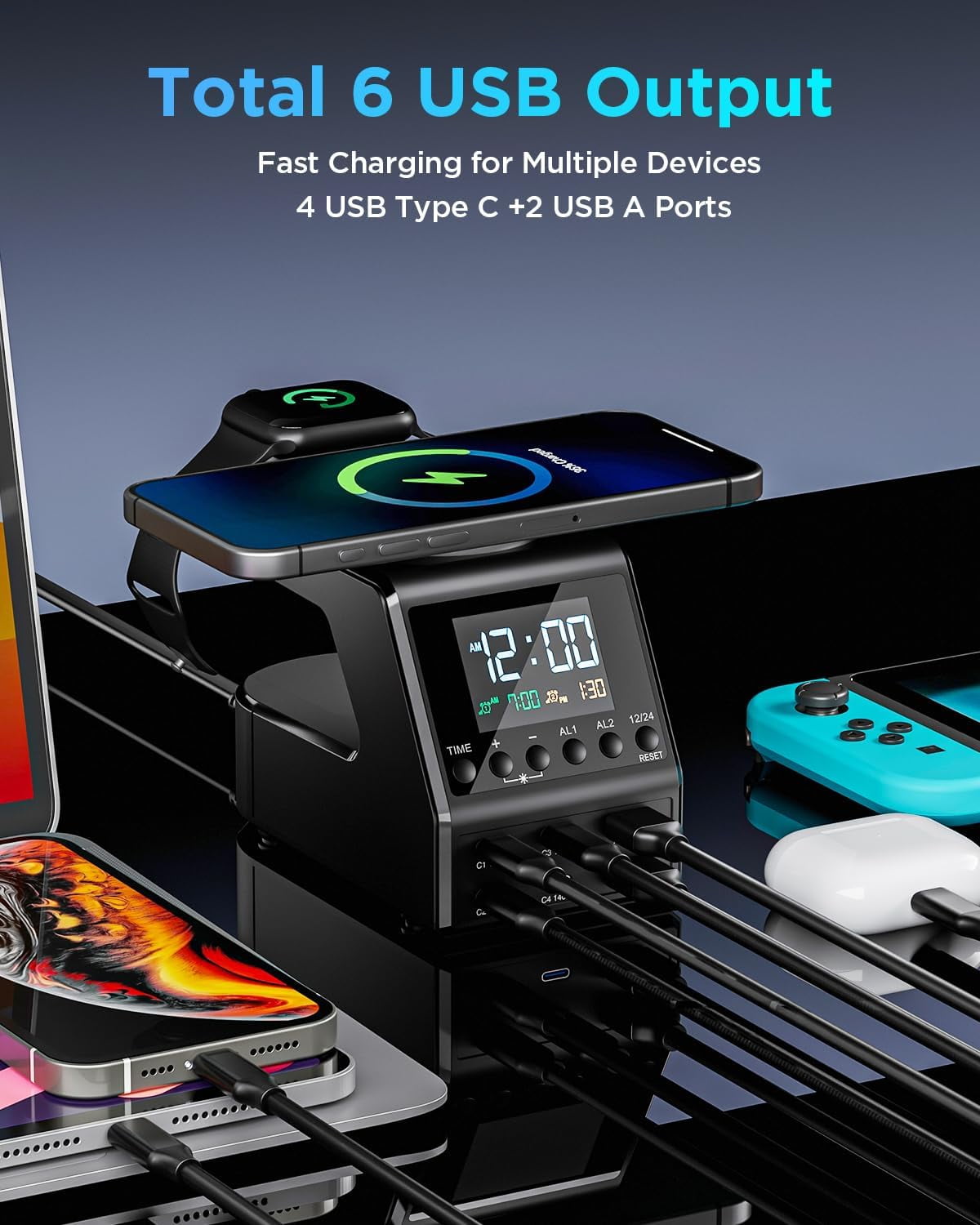 240W GaN Charging Station for Multiple Devices,8-Port Wireless Charger USB C Fast for MacBook/iPhone/Android Phones/iPad/Tablets, with Alarm Time Display