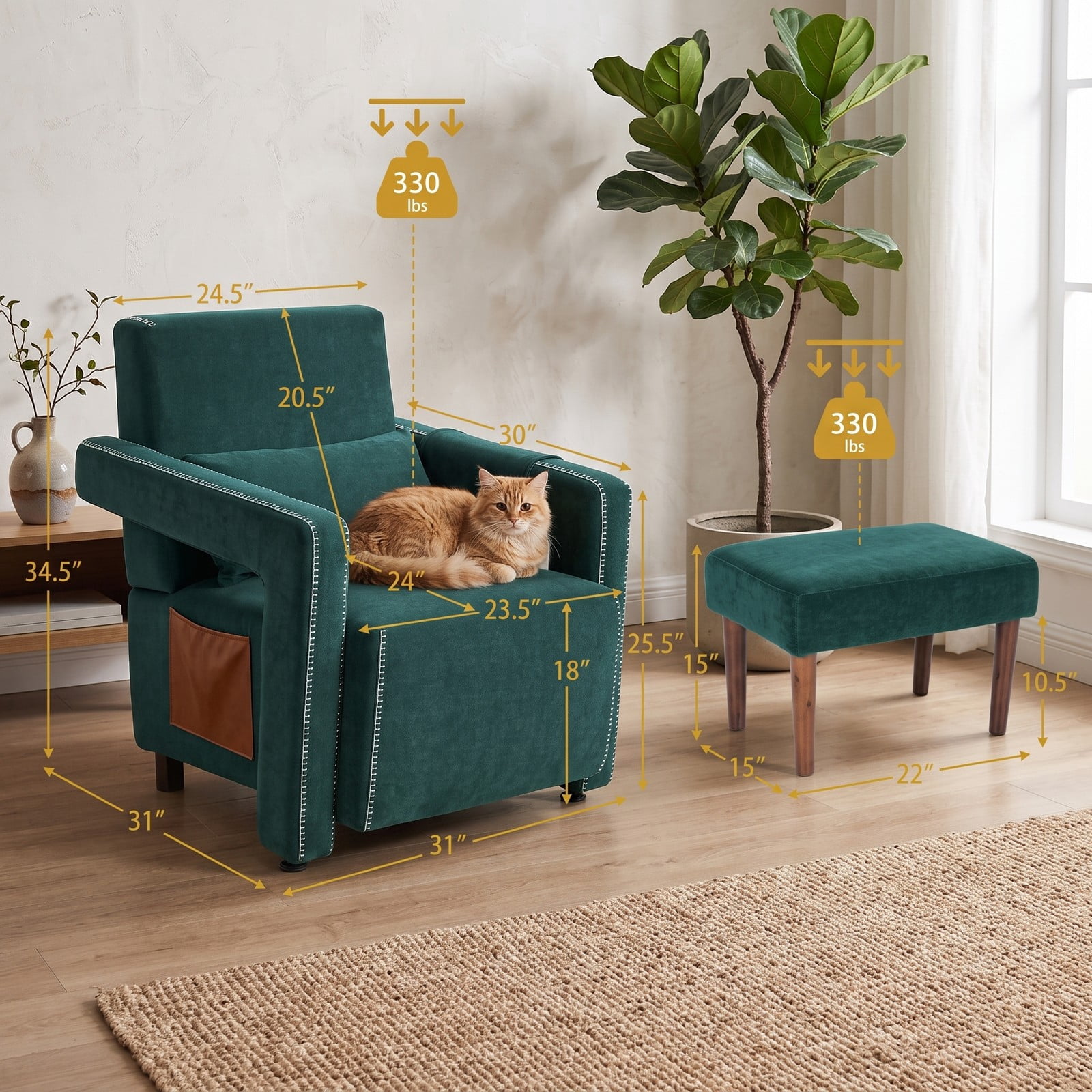 Furnibear Modern Berber Fleece Accent Chair with Ottoman and Waist Pillow, Upholstered Single Sofa Chair with Side Storage Bag for Living Room Bedroom, Green