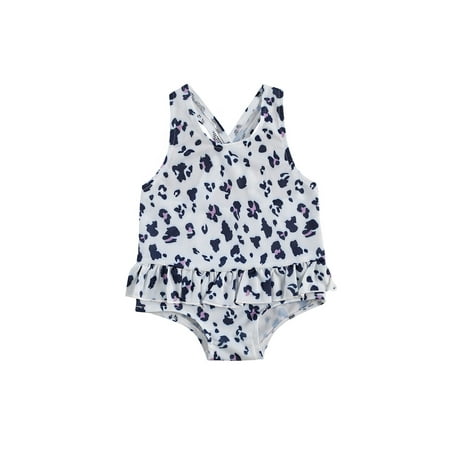 

Suanret Infant Baby Girls Swimsuit Leopard/Stripe Print U-shaped Neck Cross Strap Ruffle Swimwear White 18-24 Months