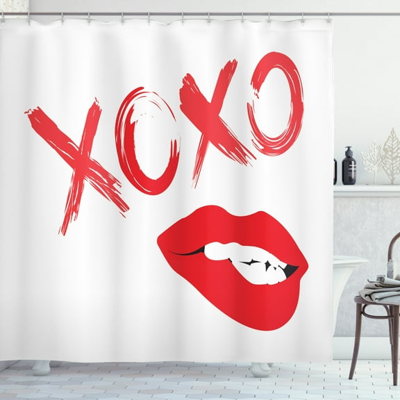 Ambesonne XOXO Shower Curtain, Lipsticked Woman Biting Lips, 69"Wx70"L, Dark Coral Vermilion