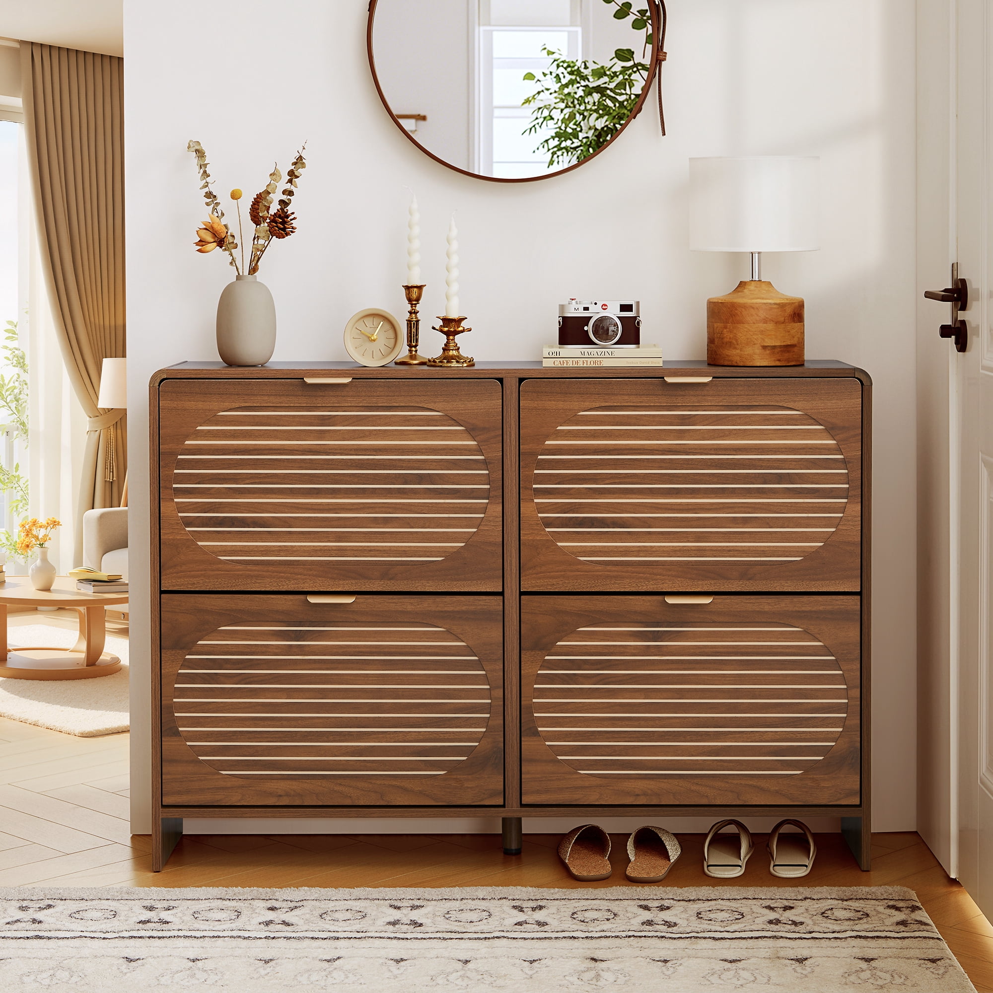 Wirrytor Walnut Curved Oval 4 Flip Drawer Shoe Cabinet, Farmhouse Stripe Pattern Shoe Storage Organizer, Adjustable Shelves Narrow Entryway Shoe Rack With Anti-Tipping Device For Hallway