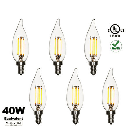 6 pack - Modvera 40W Equivalent LED Candelabra Bulb Bent Tip 4 watt 2200K Color Temperature Chandelier Bulb, Candelabra Base (Best Led Light Bulb For Chandelier)