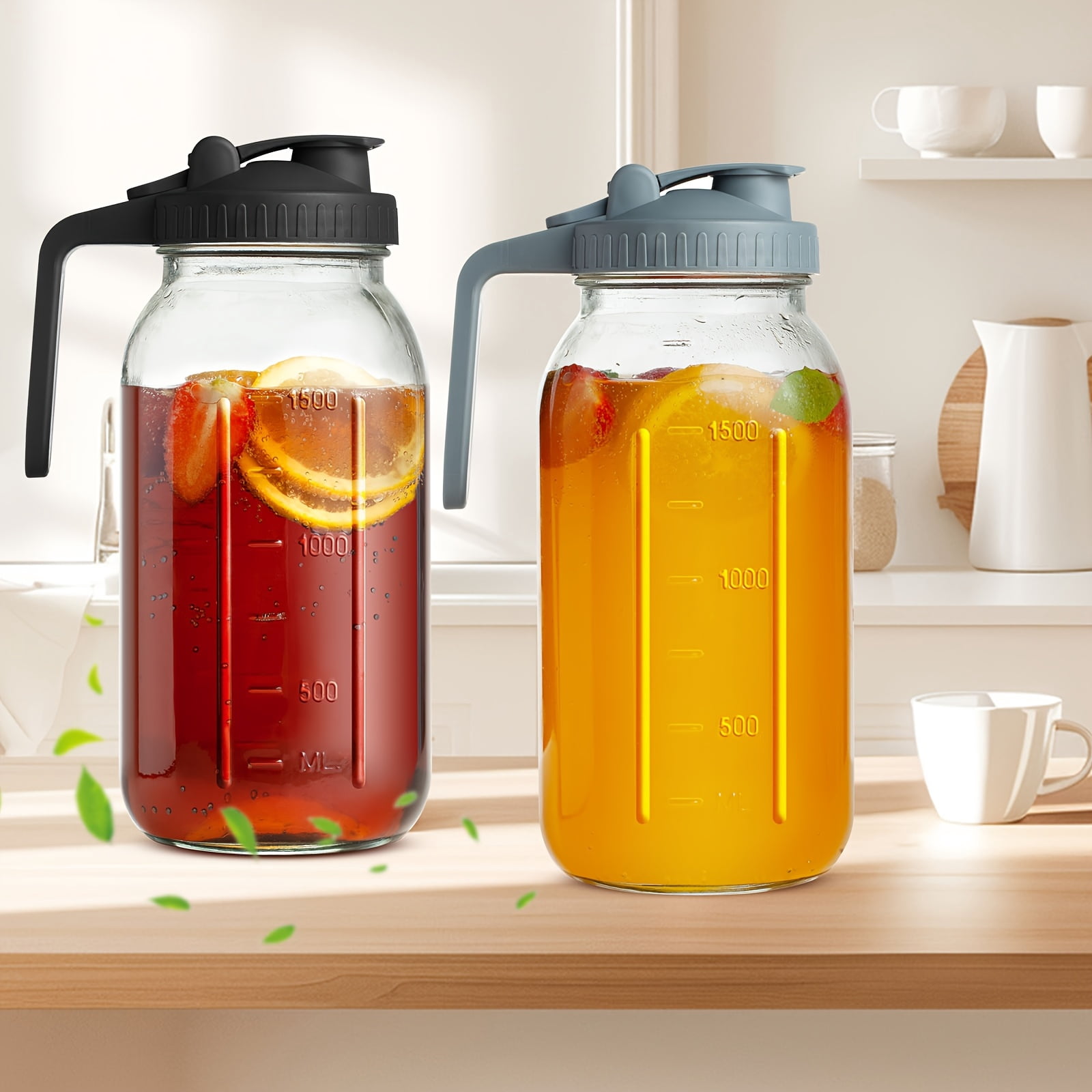 2-Pack 64 oz Mason Jar Pitcher with Pour Spout - Double Leak Proof Wide Mouth Glass Pitcher, Breast Milk Storage Container, Iced Tea Pitcher for Fridge, Creamer Jug for Coffee, Sun Tea & Juice
