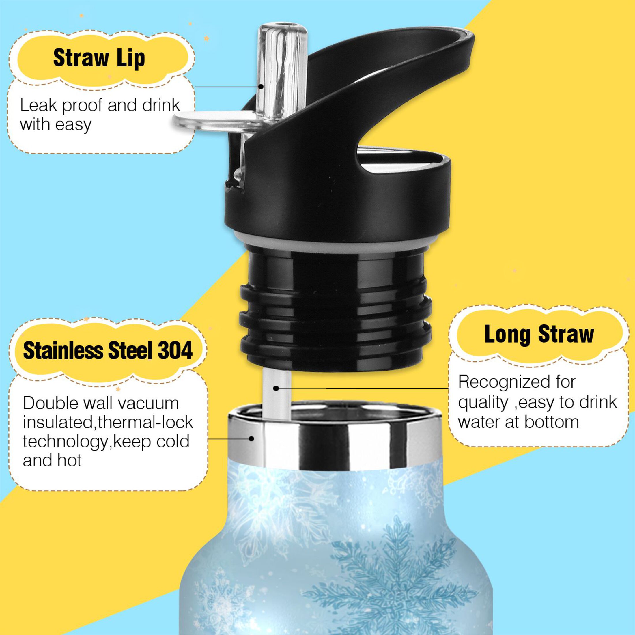 600ML Stainless Steel Insulated Cup Sports Water Bottle Portable Thermos Cup Water Glasses Insulated Tumblers Convenient and Durable Blue Snowflakes