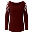 thumbnail image 3 of DYMADE Women's Solid Hot Drilling Hollow Out Long Sleeve Round Neck Casual Loose Tops, 3 of 4