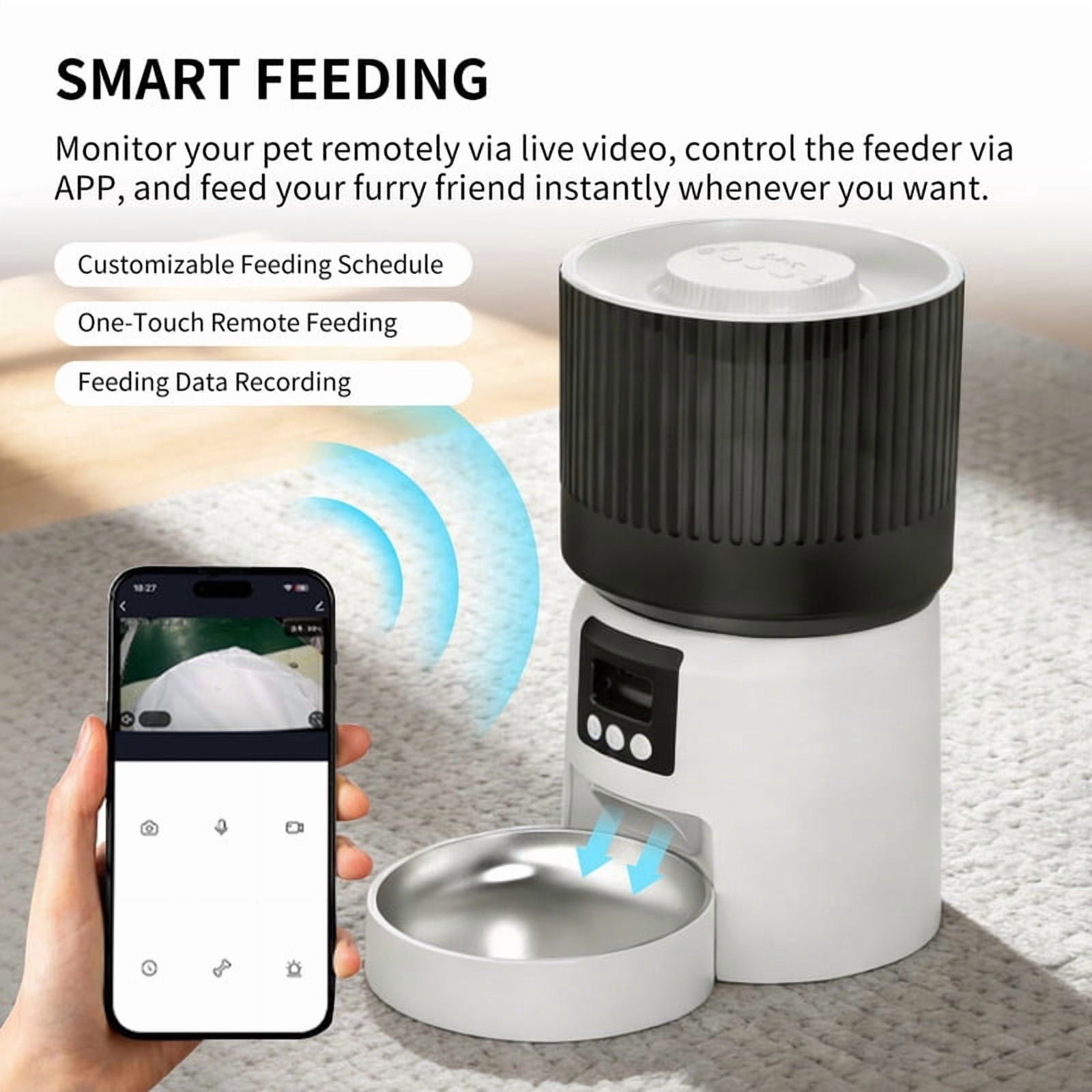 Qifang WiFi Automatic Pet Feeder with Camera, 4L Cat Dog Food Dispenser, APP Timed Feeding, Two-Way Audio, Night Vision, Anti-Clog, Dual Power
